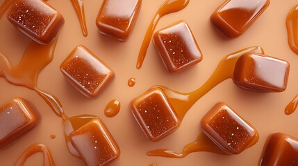 Aufkleber - Tasty caramel candies with sauce background, sweet texture