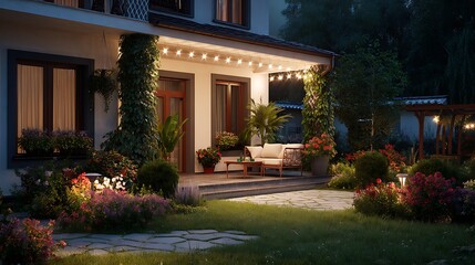 Poster - Summer evening on the patio of beautiful suburban house with lights in the garden garden, digital ai