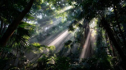 Poster - Sun rays shining through the jungle
