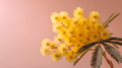 Poster - Springtime macro of a mimosa flower with a yellow hue isolated pastel background copy space
