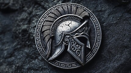 Poster - Spartan helmet emblem illustration in silver circle, logo, white background