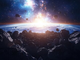 Poster - Cosmic explosion of asteroids outer space digital artwork galactic environment wide-angle view universe concept