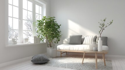 Aufkleber - Scandinavian minimalistic home light white interior with green plant