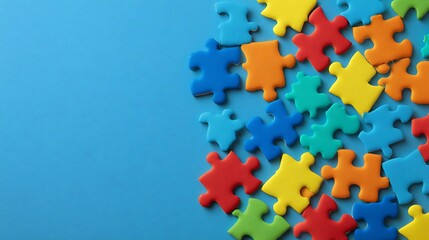 Aufkleber - Photo of colorful puzzle pieces on a vibrant blue background with plenty of copy space with copy space