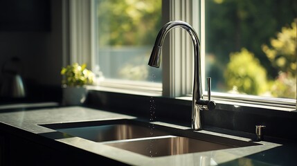 Aufkleber - Photo of a modern kitchen sink with a sleek faucet with copy space