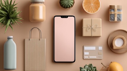 Poster - Online shopping list and free shipping through mobile app marketplace and home delivery with application user interface menu mockup screen and credit card payment, no actual brands used in design