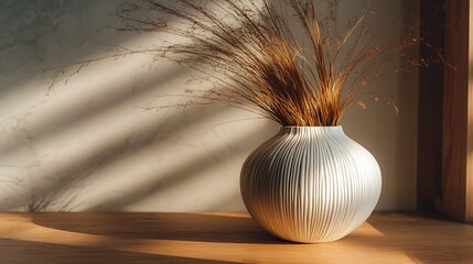 Poster - Modern white ceramic vase with dry grass on wooden table, scandinavian interior, empty white wall, copy space