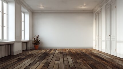 Aufkleber - Mockup of an empty living room with a white painted wall and a brown old wooden floor, can be applied to interior design