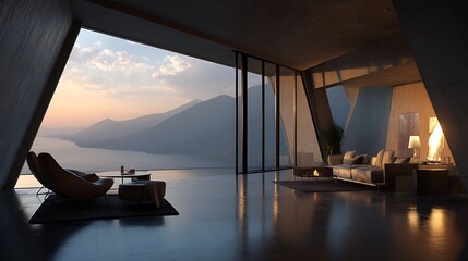 Poster - Modern architectural interior with mountain view at dawn highlighting minimal design elements