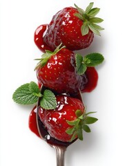Poster - Strawberries with jam on a spoon close up studio shot on white background delicious dessert food photography