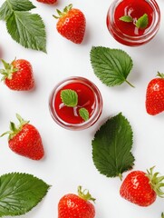 Poster - Overhead flat lay of fresh strawberries and homemade strawberry jam in glass jars on white background