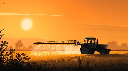 Poster - Irrigation tractor driving spraying or harvesting an agricultural crop at sunset with information infographic data datum as banner design for agriculture industry and food supply production concepts
