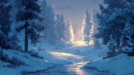 Aufkleber - Illustration of a winter landscape covered in snow with glowing light