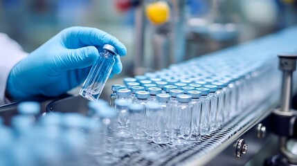 Aufkleber - Hand with sanitary gloves check medical vials on production line at pharmaceutical factory, pharmaceutical machine working pharmaceutical glass bottles production line