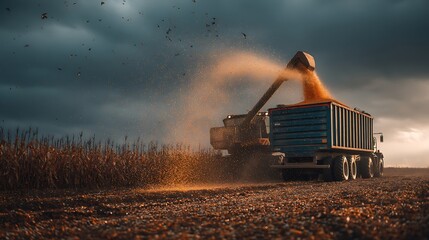 Poster - Harvester pouring freshly harvested corn maize seeds or soybeans into container trailer near