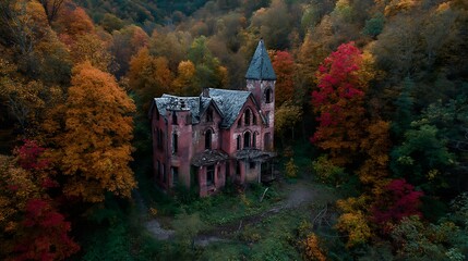 Poster - Haunted house in the woods, murder mystery story with a dark house at night, the windows have a red glow to them and the creepy darkness extends to a street and a forest, wallpaper