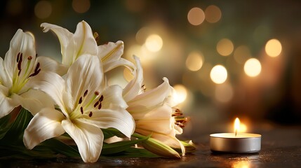 Poster - Funeral scene with beautiful lilies and a burning candle set against a softly blurred background with a bokeh effect
