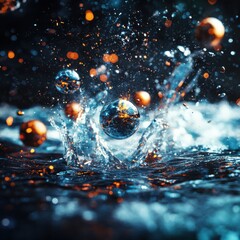 Poster - Dynamic water splash with colorful orbs underwater scene abstract photography vibrant environment close-up view artistic concept