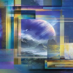 Poster - Abstract planet landscape with geometric overlay digital art style futuristic space exploration concept