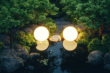 Poster - Illuminated garden reflection tranquil nature scene outdoor photography lush environment serene viewpoint