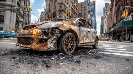 Fototapete - Damaged vehicle on city street, close-up of car with damage after road traffic accident caused by dangerous driving at high speed