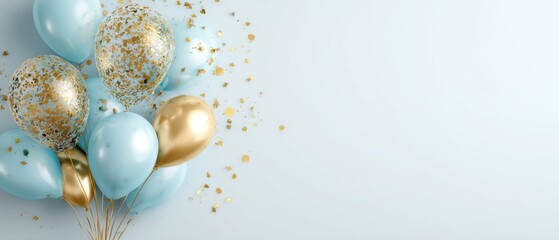 Poster - Celebration Balloons Still Life Arrangement of Blue and Gold Balloons with Confetti on Light Blue Background
