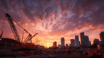 Poster - Construction site and sunset, structural steel beam build large residential buildings