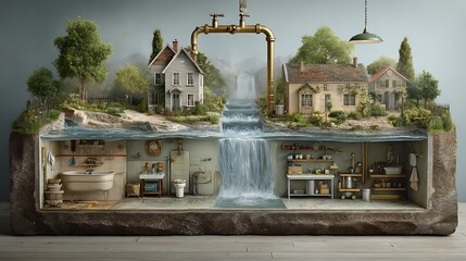 Poster - Concept water saving at home, reducing use, water supply problems, water a fresh blue tap with flowing water with spray in bathroom, selective focus