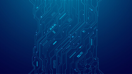 Leinwandbilder - High-tech digital background with an abstract blue design, circuit board details, and AI chip elements. Concept of innovation in modern technologies. Ideal for use in tech presentations and web design