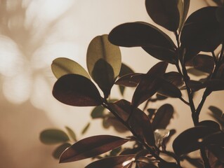 Poster - Close up of ficus leaves in sepia tones with bokeh background, indoor plant photography, botanical study, natural light