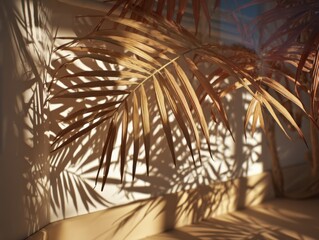 Poster - Palm frond casting shadows on wall in warm light indoor still life composition minimalist aesthetic lifestyle
