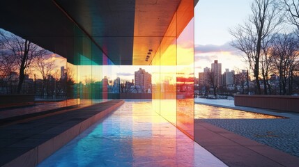 Poster - Reflective abstract art installation at sunset modern urban landscape photography tranquil environment creative perspective