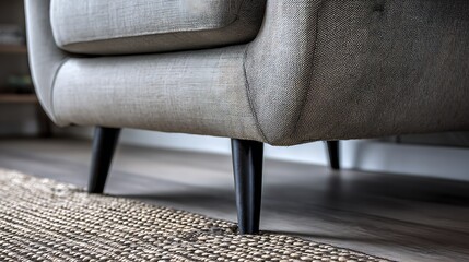 Poster - Close up detail design of sofa leg with carpet rug home interior background