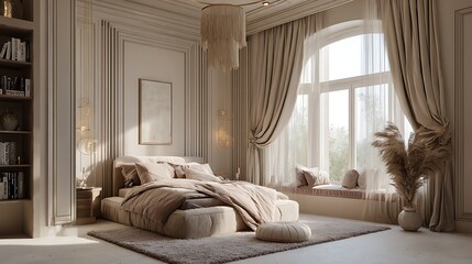 Aufkleber - Boho bedroom interior in neutral beige tones, wooden double bed with pillows, abstract terracotta wall art set of 2 prints on a white wall