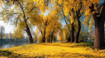Poster - Beautiful bright colorful autumn landscape with a carpet of yellow leaves, natural park with autumn trees on a bright sunny day