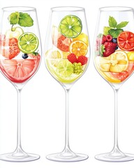 Poster - Three wine glasses filled with colorful fruit slices and berries on white background studio shot