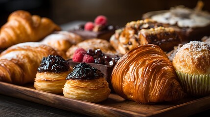 Poster - An assortment of freshly baked pastries, including croissants, cinnamon rolls, and pain au chocolat