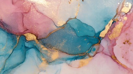 Poster - Abstract pink and blue marble liquid texture with gold splashes, luxury background