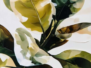 Poster - Fiddle Leaf Fig Plant Leaves Close Up Oil Painting Style on White Background Interior Decor Art