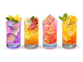 Poster - Four colorful fruit cocktails with ice cubes and garnish on white background studio shot refreshing summer drinks