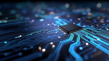 Fototapete - Abstract digital circuit board on blue tech background, circuit connected lines and dots on motherboard, dark tech gradient bg