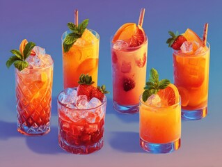 Poster - Assorted colorful summer cocktails with fruit and ice cubes in glasses studio shot refreshing beverages