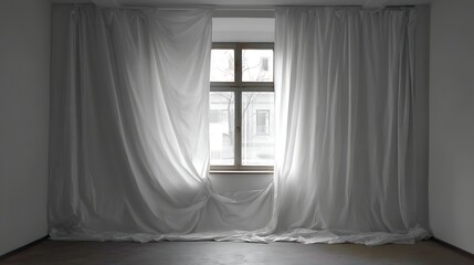 Poster - A temporary white curtain hangs in front of a window, gently swaying in the breeze, the soft fabric partially obscures the view outside, adding a touch of privacy to the room