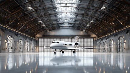 Poster - A modern hangar with a modern high-tech private jet standing in it