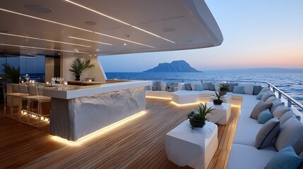 Poster - A large outdoor lounge and backlit stone bar with teak decking and white furniture on a super yacht