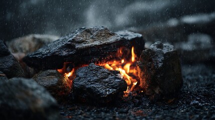 Aufkleber - A dark and stormy scene with a fire and rocks, ai