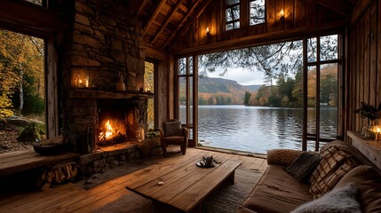 Aufkleber - A cozy wooden cottage with a fireplace and large windows offering views of a serene lake and forest in autumn colors