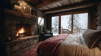 Aufkleber - A cozy cabin bedroom with a fireplace and snow outside the windows, white bedding