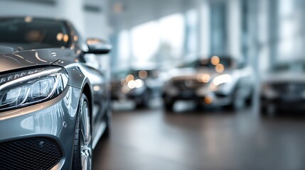 Leinwandbilder - A blurred view of a car showroom with new cars on display, creating an abstract backdrop