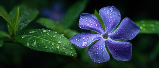 Poster - Close-up of Purple Periwinkle Flower and Leaf Covered in Water Droplets After Rain in Garden Macro Shot